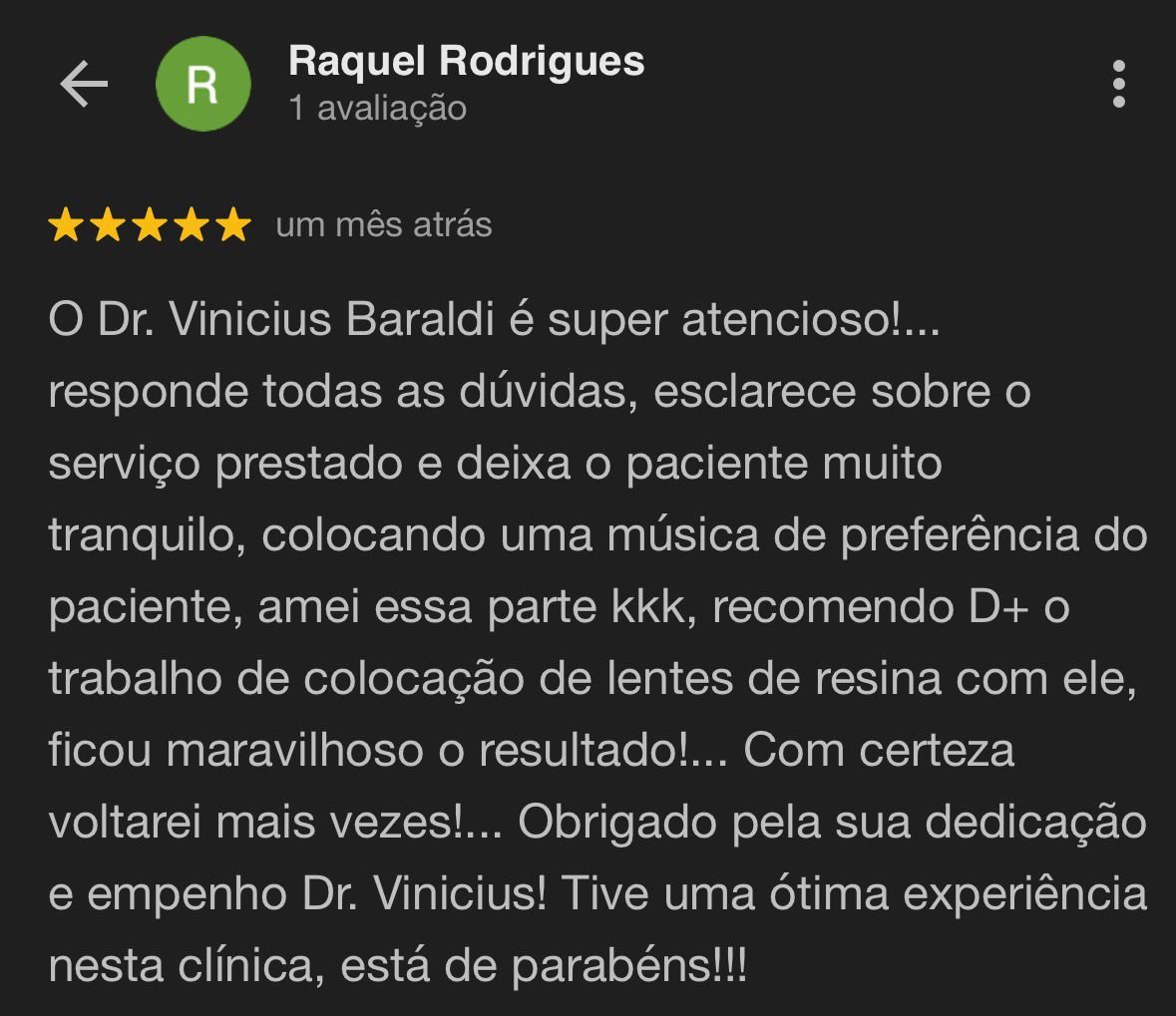 Feedback de Raquel Rodrigues sobre atendimento do Dr. Vinicius